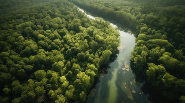 Drone Shot top down on a river flowing between the trees of a beautiful forest. Generative AI.
