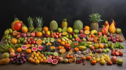 Several different exotic fruits in front of a dark background. Generative AI.