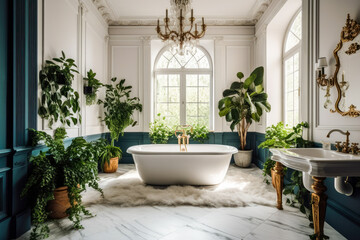 Fototapeta na wymiar Stunning luxurious classical styled bathroom with a white tub, sink, chandelier and green plants. High quality generative ai