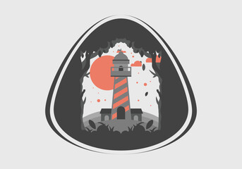 Colorful flat illustration of lighthouse in the forest