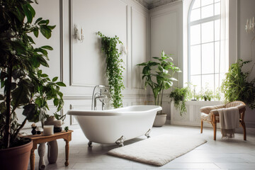 Fototapeta na wymiar Stunning luxurious classical styled bathroom with a white tub and green plants. High quality generative ai