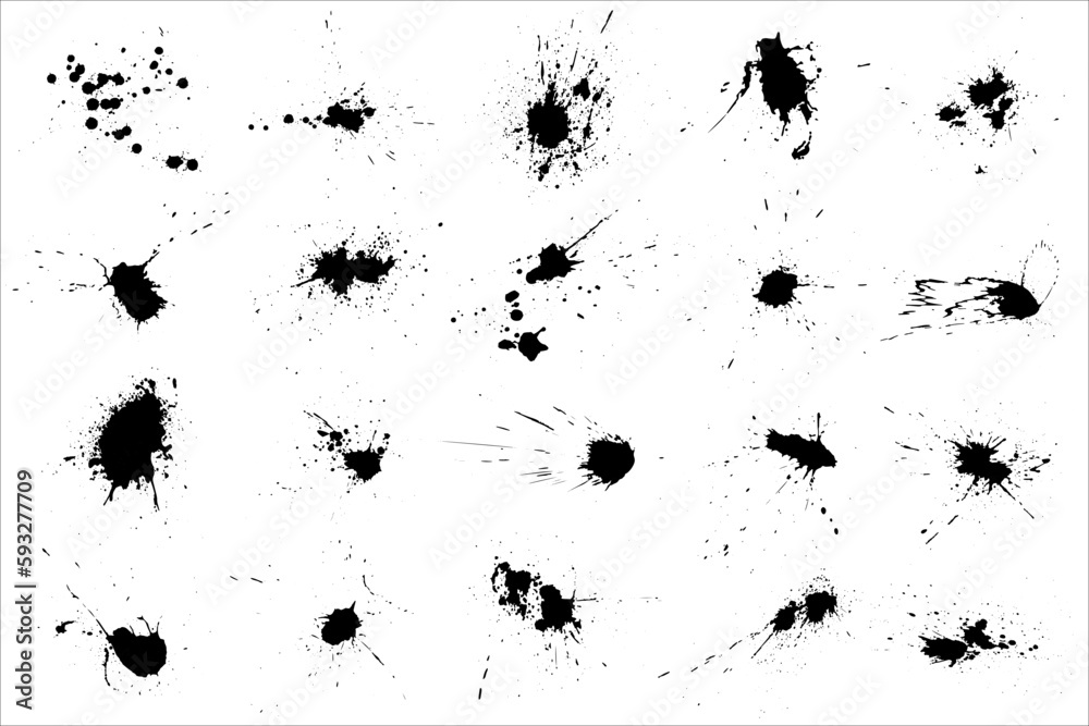 Poster Paint ink splatter, stains set. Splash of paints with drops. High level of tracing and many details. Illustration splash and drip design, silhouette blob spray collection