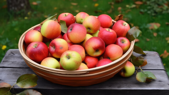 Basket full of ripe apples after harvesting in autumn. Generative AI.