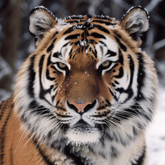 Focused Tiger Head in Winter Time, Captivating and Intense Wild Beauty