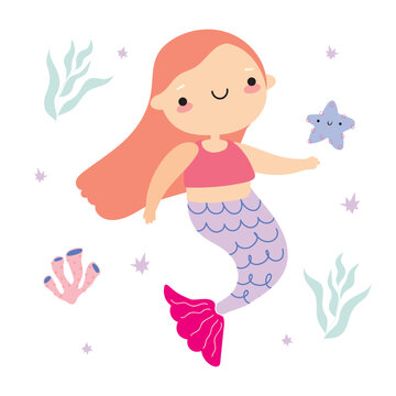 A mermaid with pink hair and a pink top holds a starfish in the water. The Little Mermaid, starfish and seaweed in cartoon children's style. set of vector images of marine-themed