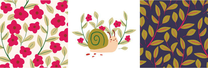 Cute kids patterns with flowers,  snail, seamless background, and baby shower greeting card. Vector texture for kids bedding, fabric, wallpaper, wrapping paper, textile, t-shirt © Anastasia