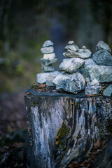 Vertical closeup shot of stones stacked on top of one another on a stump of a tree