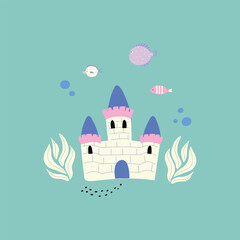 Naklejka premium Castle underwater isolated. Vector hand drawn illustration. Blue castle illustration. Great for fabric, textile Vector Illustration