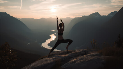 Woman does yoga training on top of a hill in front of the mountains. Generative AI.