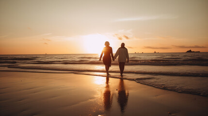 Couple walking in the sand at the beach at the ocean in romantic way in front of the sundown. Generative AI.