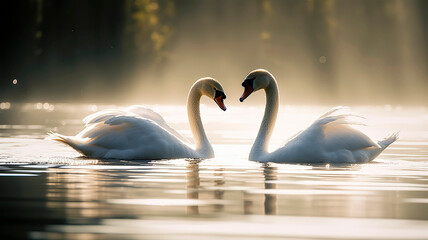Two Beautiful white swans are swim together in the courtship season on the lake.