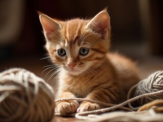 A playful kitten batting at a ball of yarn
