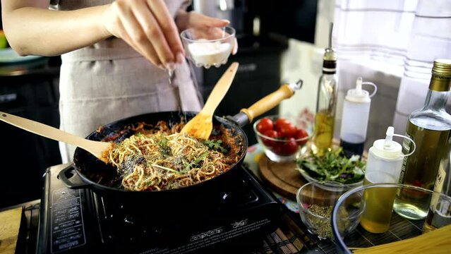Delicious Italian food . Coking pasta Bolognese	