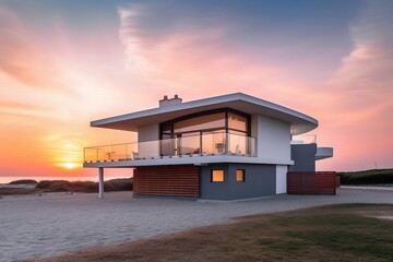 Beach House with sunset on the beach