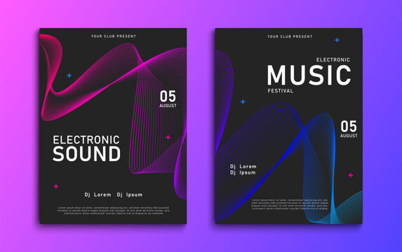 Electronic music festival poster. Party flyer design with abstract wave lines. Futuristic electro music festival cover design. Vector illustration.
