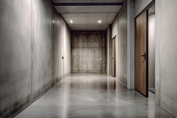 Empty Concrete Hallway Illuminated: Grunge Steel Interior of Cement Room in Building Showroom. Generative AI