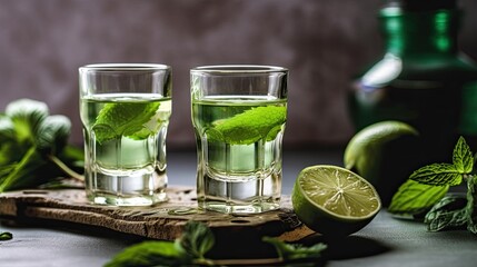 Minty Fresh Refreshment: Rousing Shots of Mint Liqueur Served with Ice and Leaves for a Festive Backdrop, Generative AI