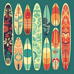 Vintage Surfboard Icons: A Summery Artistic Combination of Modern and Traditional Surfing Culture: Generative AI