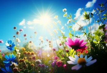 Fototapeta na wymiar Beautiful summer flower meadow, blue sky and sun rays. Illustration by Generative AI.