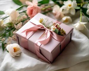 Wrapped gift box, adorned with a satin ribbon and surrounded by fresh spring flowers.