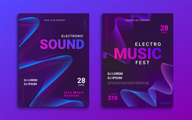 Electronic music festival poster. Party flyer design with abstract wave lines. Futuristic electro music festival cover design. Vector illustration.