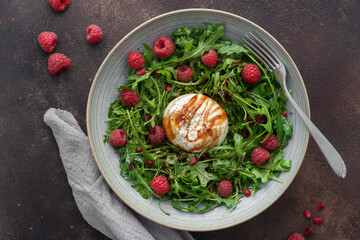 burrata with rocket salad, raspberries and balsamic cream, Italian appetizer