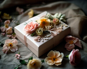 Naklejka na ściany i meble Wrapped gift box, adorned with a satin ribbon and surrounded by fresh spring flowers.