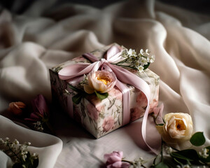 Wrapped gift box, adorned with a satin ribbon and surrounded by fresh spring flowers.