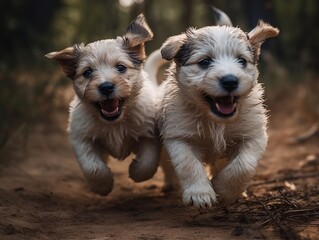A group of playful puppies chasing each other