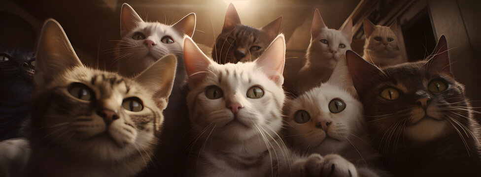 Lots of Cats and Kittens Taking a Selfie, Having Fun - Wide Angle, Directional Light, Soft Light, Cinematic, Hyperrealistic