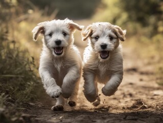 A group of playful puppies chasing each other