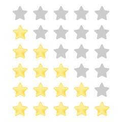 Five star rating. Different ranks from one to five stars. Golden embossed and gray transparent stars. Vector, isolated, eps 10.