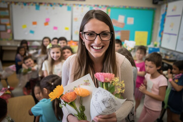 A photo of a teacher with a big smile, surrounded by students holding thank-you cards and flowers. Teacher's day Generative AI
