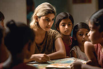 banner, A photo of a teacher reading a book aloud to a group of captivated students. Teacher's day Generative AI