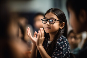 banner, A photo of a teacher using gestures, expressions, and body language to communicate effectively with students, bokeh, Teacher's day Generative AI