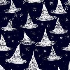 An esoteric themed seamless pattern featuring stars and witch hats