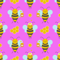 Cute little bees seamless pattern. Pink background with happy bees.
