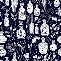 An esoteric themed seamless pattern featuring potions 