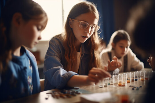 A candid shot of a teacher engaging with students during a practical or hands-on learning activity, such as a science experiment or an art project, bokeh, Teacher's day Generative AI