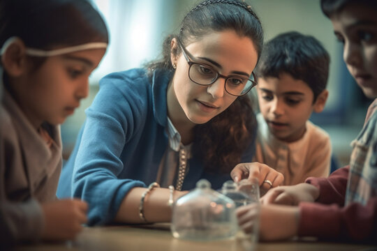 A candid shot of a teacher engaging with students during a practical or hands-on learning activity, such as a science experiment or an art project, bokeh, Teacher's day Generative AI