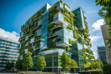 Fototapeta premium Green buildings concept. Eco-friendly green apartment or office building with vertical garden design for sustainability, Modern architecture, covered with moss and plants. High quality generative AI