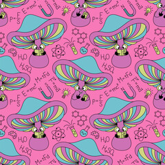 Mushroom student seamless pattern. Pink background with funguses and formulas in flat retro style.

