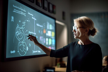 A photo of a teacher using multimedia resources, such as a smartboard, projector, or educational software, to make the lesson interactive and engaging for students, bokeh, Teacher' Generative AI