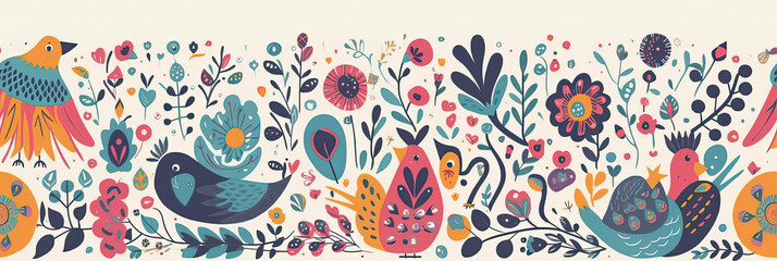 Naklejka premium A pattern with birds and flowers on a white background created with Generative AI technology