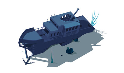 Sunken destroyed shipwreck lies on seabed isolated on white background. The ship ran aground. Abandoned broken sea vessel in isometric design. War ship after combat on sea bottom. Vector illustration - obrazy, fototapety, plakaty