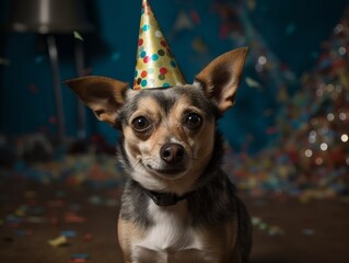 A small dog wearing a party hat and surrounded by confetti