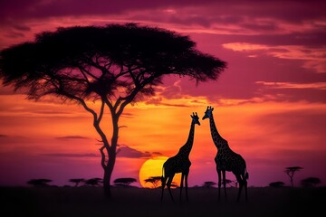 Fototapeta na wymiar Giraffes at sunset generative Art