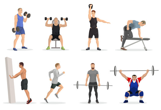 Set of men characters in gym doing dumbbell press exercises and workouts weight training. Collection of male bodybuilding lifestyle. Athlete doing barbell overhead press exercise. Vector illustration