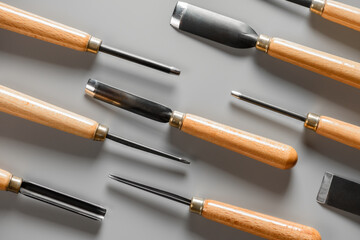 Set of sharp chisels for carving. Set of sharp chisels for carving. Wood carving. Sharp incisors.