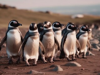 Obraz premium A group of penguins waddling in a line